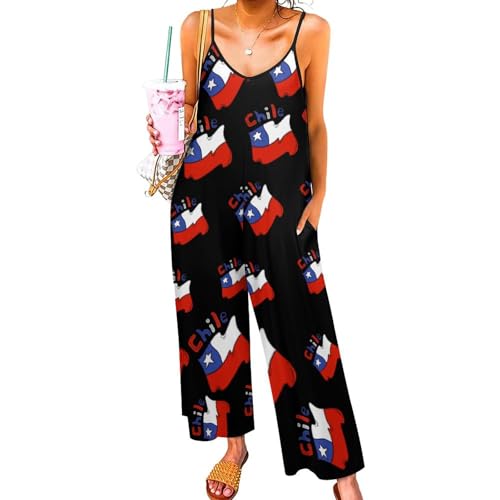 Image of Chilean Flag Chile Loose Jumpsuits for Women One Piece Long Sleeve V-neck Long Pant Rompers with Pockets 2XL