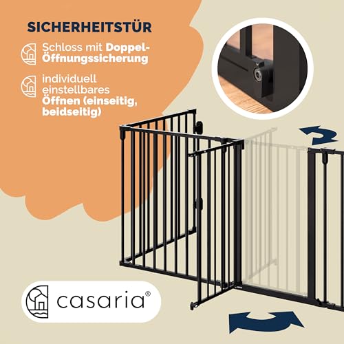 CASARIA® Kaminschutzgitter Baby mit Sicherheitstür Metall ohne Bohren 306x76cm Hundegitter Kinderschutz Türschutzgitter Absperrgitter Schwarz