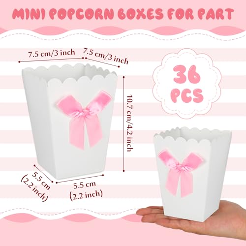 Image of JarThenaAMCS 36Pcs Mini Popcorn Boxes White Popcorn Buckets with Pink Bow Paper Candy Goodie Box for Movie Night Party Supplies, 4.2 x 3 x 2.2 Inch