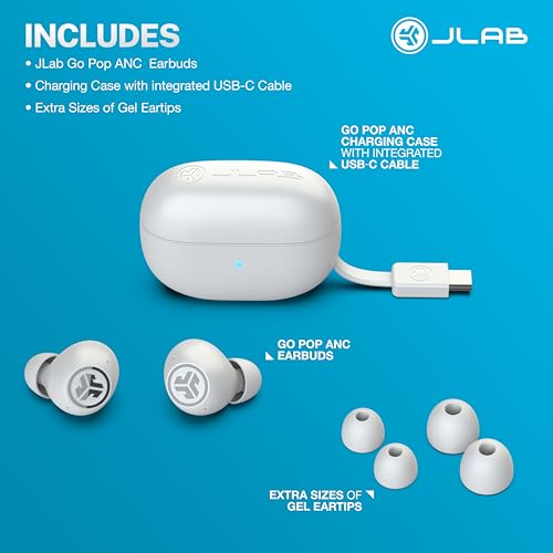 Image of JLab Go Pop ANC, True Wireless Earbuds, Active Noise Cancelling, Bluetooth Earbuds with Charging Case, Cloud White | 24+ hours of autonomy, IP55 sweatproof, microphone, clear calls and multipoint connection
