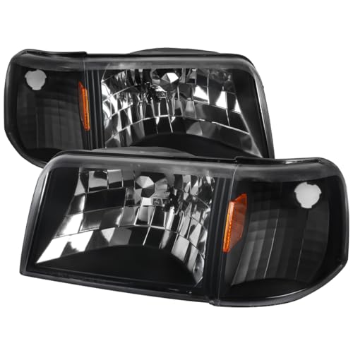 SPEC-D TUNING Black Housing Clear Lens 1PC Headlights + Corner Lights Compatible with 1993-1997 Ford Ranger L+R Pair Head Light Lamp Assembly