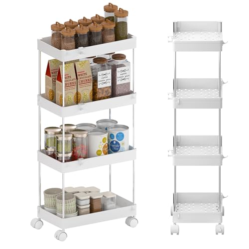 GOOPOOL Carrito Cocina Ahorra Espacio, Carro de Almacenamiento Rodante de 4 Niveles, Carrito Auxiliar con Ruedas Estanteria Carrito Cocina Plástico para Cocina, Oficina, Baño, Blanco