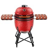 HiKingQueens Kamado Charcoal Grill, Ceramic Charcoal Grill, Grills Outdoor Cooking, Portable Camping Grill with Cart and Side Shelves for Home Party and Outdoor, 23.5 Inch, Blaze Red