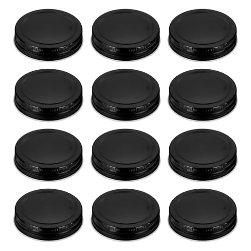 Image of HARFINGTON 12pcs Mason Jar Lids 2.76" Tinplate Regular Mouth Reusable Leak-proof Mason Canning Covers with Silicone Rings for Storage Bottle Water Bottle and Jars, Black