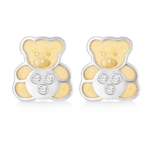 Ours serties CZ boucles d'oreilles en or 9 carats bicolore Carissima