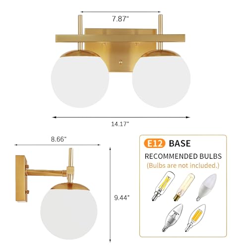 Image of Gold Vanity Light 2-Light Mid Century Modern Bathroom Vanity Light Fixture Globe with Milk White Glass Shade Wall Light Over Mirror (E12 Base)