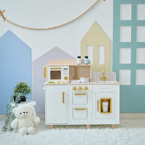 Image of Teamson Kids Little Chef Hampton Interactive Play Kitchen, White | Ice Dispenser, Sink & Microwave, Storage Included, 17 Pcs Accessories, For Kids 3+ Years