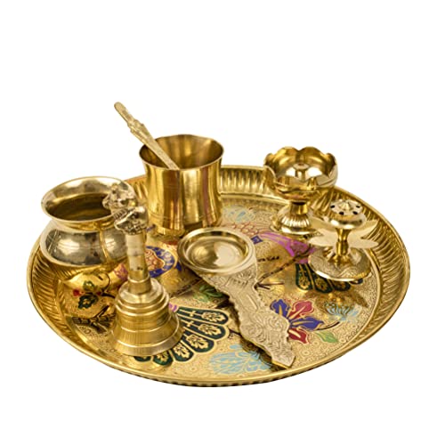 Image of Spillbox Traditional Handcrafted Brass Puja | Pooja Thali | Arati | Arathi | Arthi | Arti | Arathi | Bartan Thambulam Plate Set for Several Occasions Like - Diwali Gift- Peacock Ppset