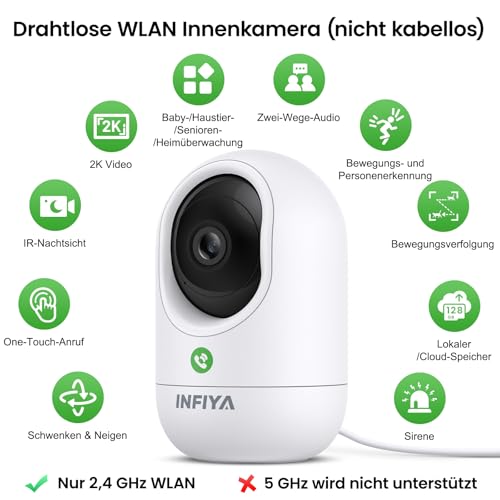 INFIYA Überwachungskamera Innen - 2K Kamera Überwachung Innen, Babyphone mit Kamera, WLAN Indoor Camera, Hundekamera mit APP, 2-Wege-Audio, Automatische Verfolgung, Nachtsicht, Bewegungserkennung