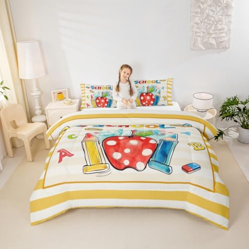 Castle Fairy Back to School Comforter Set,Book Colorful Pencil Bedding Set Kids Teens Modern Decor,Kids Classroom Yellow Comforter with 1 Pillowcase for All Seasons,Twin