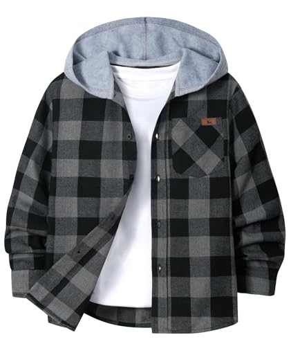 Boys Long Sleeve Button-up Shirt with Hood Unisex Kids Cotton Plaid Hoodie Flannel Fall Shirts for 6-15 Years Grey Black