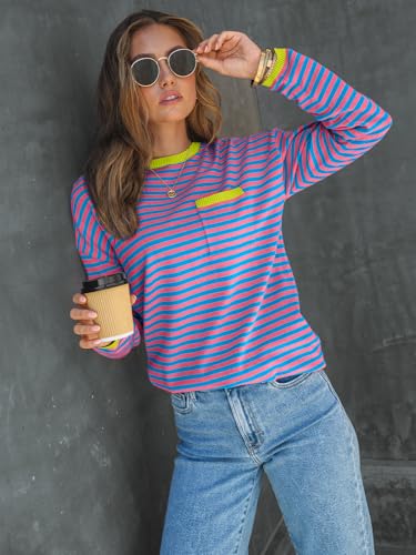 Image of LILLUSORY Womens Striped Soft Knit Pullover Sweater Loose Fit Shirts with Chest Pocket