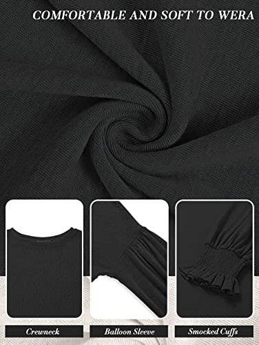 Merokeety Women's 2023 Causal Long Balloon Sleeve Shirts Tops Crewneck Smocked Cuffs Loose Blouse, Black, L #TOP4