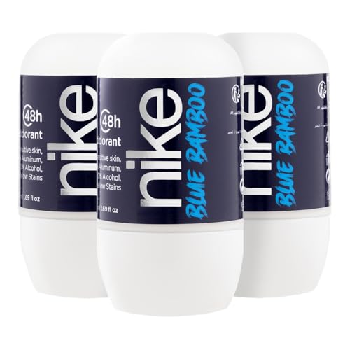 NIKE - Blue Bamboo Pack de 3 x 50 ml, Desodorante Hombre Roll-On, Desodorante Antimanchas para Piel Sensible, 0% Alcohol y 0% Sales de Aluminio, Larga Duración, Fragancia Aromática Marina Amaderada
