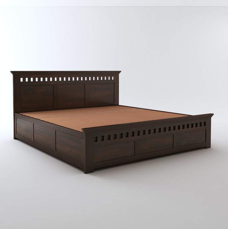 Image of STRATA FURNITURE Sheesham Wood King Size Bed with Hydraulic Storage and Headboard for Living Room Bedroom Home | Wooden Double Bed Cot Palang Furniture (Walnut Finish)