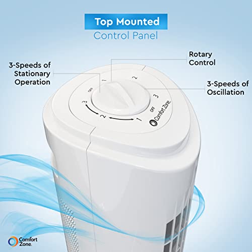 Comfort Zone Cztf290Wt 29" 3-Speed Oscillating Tower Fan With Sturdy Base, White #TOP6
