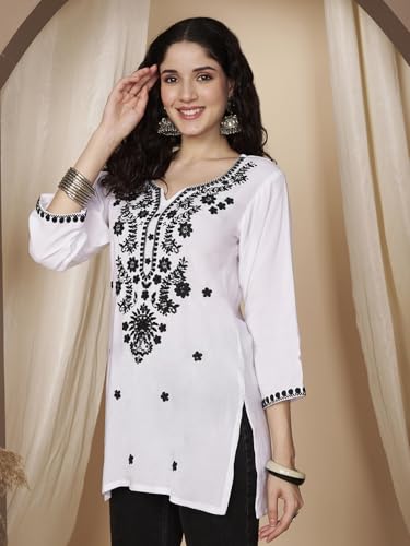 Image of Short Kurti for Women for Jeans, Chikankari Kurtis for Ladies, Lakhnavi V- Neck Women's Tunic Design Kurta, Floral Kurtas & Tunics for Woman