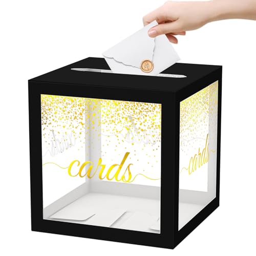 WNINK Clear Gift Cards Box, Cards Receiving Box For Birthday, Wedding, Engagement, Bridal or Baby Shower, Graduation, Gender Reveal, Anniversaries Party Decorations Supplies (Black and Gold)