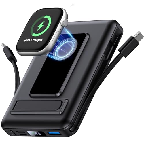 Vexnara para Magsafe Powerbank, 10000mAh Magnético Bateria Externa Carga Rapida, Inalámbrica Bateria Portatil con Cables, Bracket y Pantalla LED para iPhone 17-12 Series et Apple Watch Series(Negro)