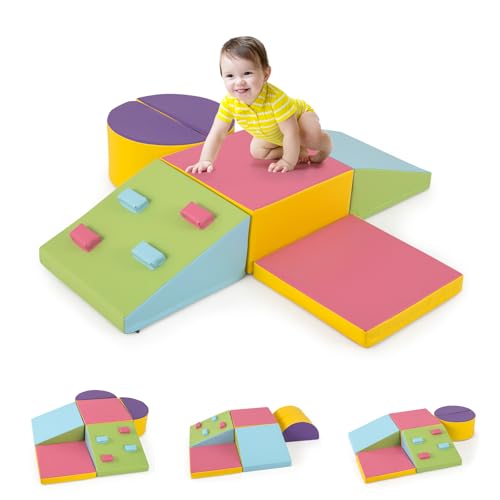 COSTWAY 6PCS Parcours Motricité Bébé en Mousse avec Housse en PU, Module Motricité Bébé avec Roches d’Escalade & Attaches à Crochets, Jouets...