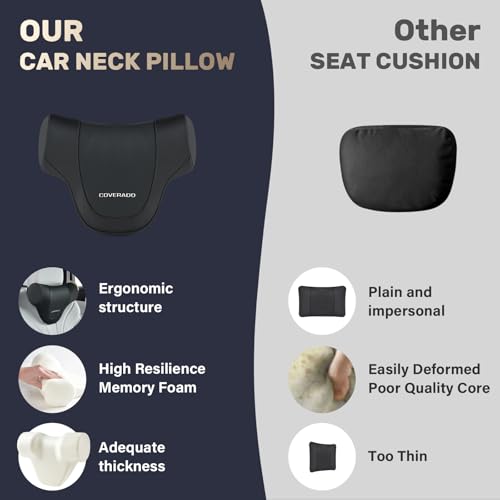 Image of Coverado Car Headrest Pillow, Ergonomic Memory Foam Car Neck Pillow for Driving Seat with Adjustable Strap, Soft PU Leather Breathable Removable Cover Neck Support for Neck Pain Relief - Black