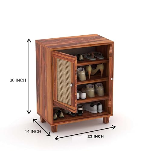 Image of Wooden Shoe Cabinet with Cane Door | 3-Shelf Shoe Rack Organizer for Hallway & Entryway Storage | Sheesham Wood Storage Unit for Shoes & Accessories (Honey Finish)