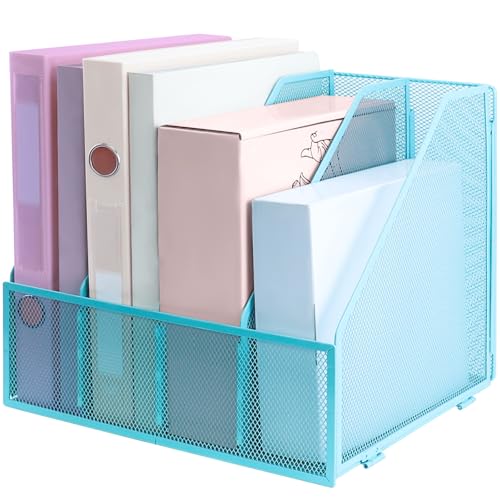 Image of ideallife Desk Organizers, Metal Magazine File Holder with 4 Vertical Compartments Rack Binder File Organizer for Office Supplies, Home Workspace - Blue