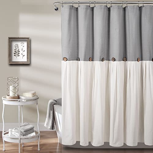 Image of Lush Decor Linen Button Shower Curtain, 72 inch W x 72 inch L, Gray & Off White - Gray Shower Curtain Fabric - Bathroom Curtain - Farmhouse Bathroom Decor