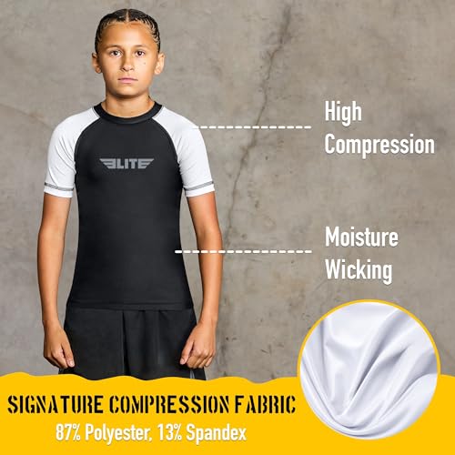 Image of Elite Sports Kids Jiu Jitsu BJJ Rash Guard, Short Half Sleeve Compression Shirt for Youth Boys Girls Sports Nogi Training