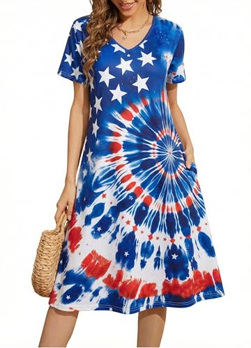 Image of LUKYCILD American Flag Dress Women 4th of July Patriotic Shirt USA Stars Stripes Dresses Sexy V- Neck Summer Sundress