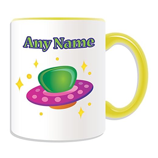 Taza de regalo personaliseitonline - UFO (transporte rénovation, colores) - nombre/mensaje en su único - conductor Extranjero lindo nave espacial contratracción E.T, ET extra-terrestre, cerámica, amarillo