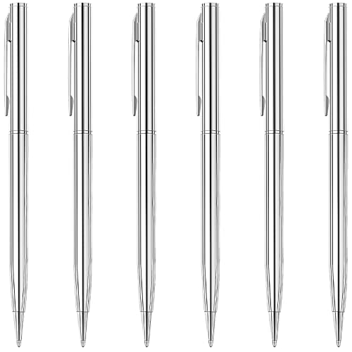Unibene Slim Metallic Retractable Ballpoint Pens - Silver, Nice Gift for Wedding Business Office Students Teachers Christmas, Medium Point(1 mm) 6 Pack-Black ink