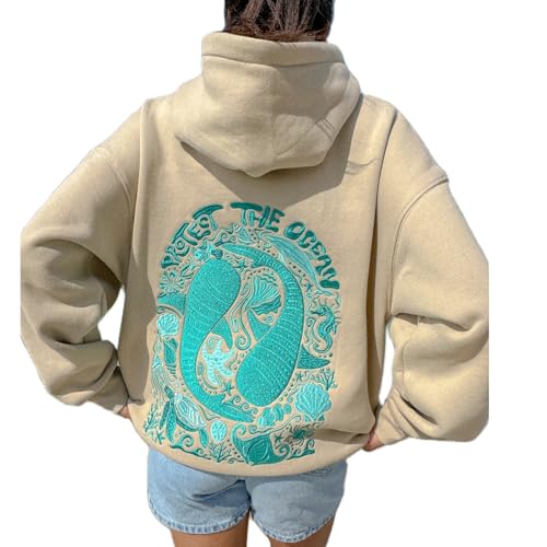 Amiblvowa Preppy Oversized Graphic Hoodies for Women Teen Girls Long Sleeve Pullover Embroidery Hibiscus Sweatshirt Coastal Palm Tree Loose Fit Hoody Y2K Summer Fall Beachwear