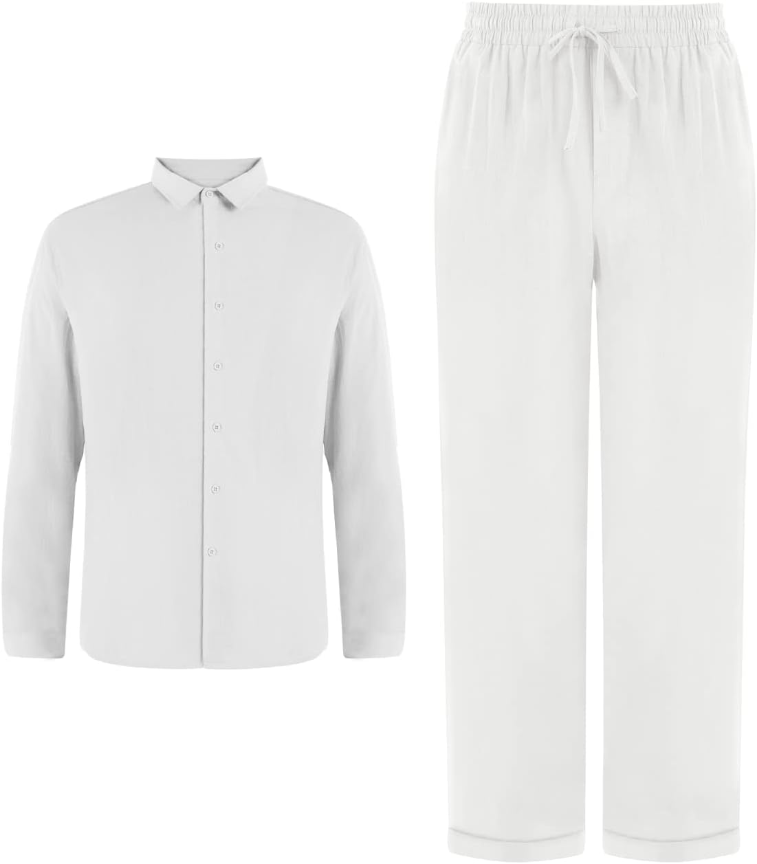 Ryannology Men 2 Piece Linen Set Outfits Drawstring Long Pants Button Down Roll Up Sleeve Shirts Beach Wedding Suit Sets - Image 5