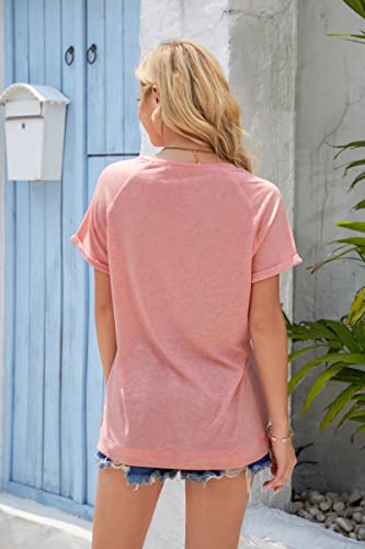 Orandesigne Women's Casual Short Sleeve T Shirts V Neck Raglan Rolled Sleeve Loose Side Split Tunic Tops A Pink #TOP4