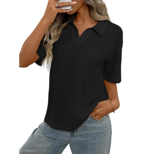 Blusa polo de punto gofre para mujer con manga corta y cuello en V de rayas