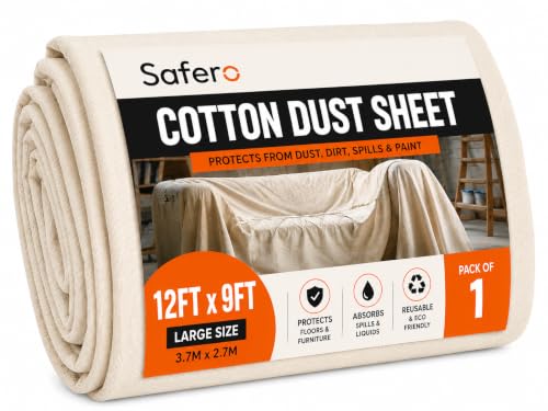 Safero Cotton Dust Sheets for Decorating & Painting Sized 12ft x 9ft (3.6mx2.7m) - Heavy Duty Drop Cloth Paint Cover Sheets for Furniture Floor Staircase Reusable and Washable