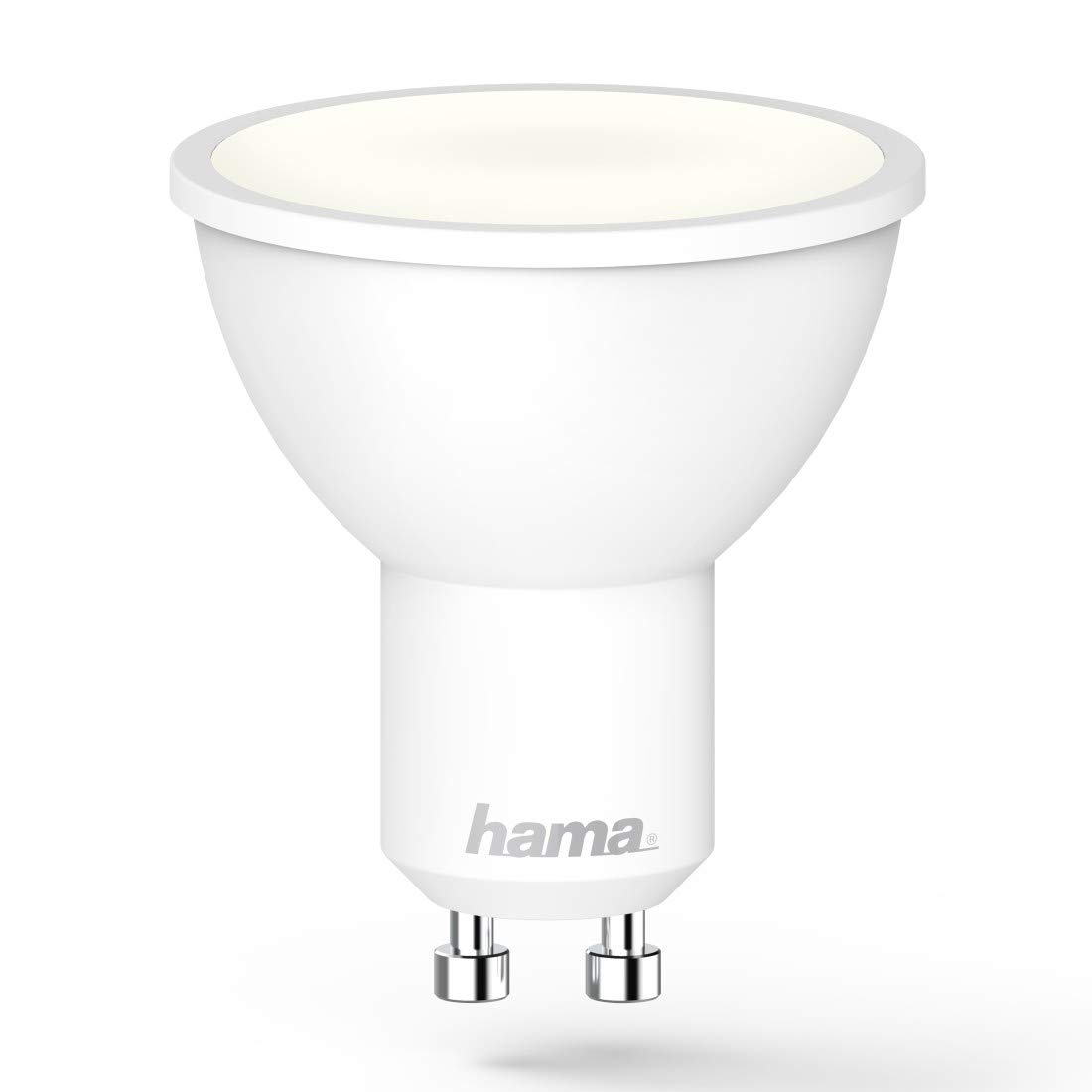 Hama GU10 Smart LED Lamp with icons for touch, app, voice, Wi-Fi, and settings