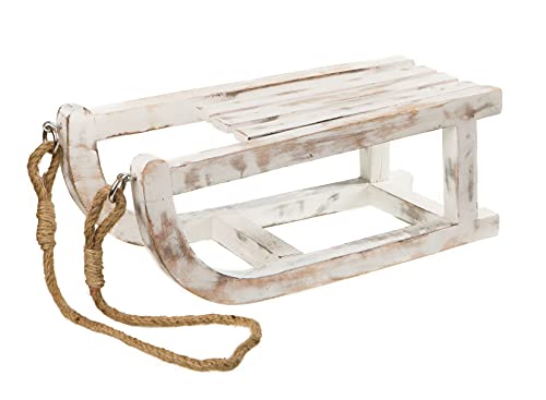 Spetebo Luge décorative en bois de manguier blanc - 40 cm - Avec corde en sisal - Noël, Avent, hiver, rebord de fenêtre, commode