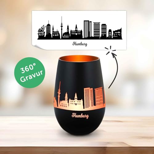 GRAVURZEILE Deko Windlicht aus Glas mit Gravur - Skyline Hamburg - Hochwertige 360° Lasergravur - Dekoratives Geschenk als Andenken, Souvenir oder für Sammler zum Geburtstag - Farbe: Schwarz/Bronze