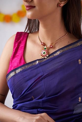 Image of Flosive Banarasi Look Chanderi Silk Saree for Women | Blue-Pink Contrast Designer Saree | Ethnic Drape with Golden Zari Work and Small Buttis