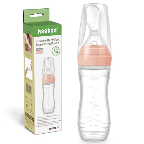 Image of Haakaa Silicone Baby Food Dispensing Spoon Feeder 4oz - Infant Squeeze Cereal Feeder, Baby Fresh Food Feeder, Feed Bottle for Puree, Solid Baby Food, BPA Free, 4m+ Babies – Peach