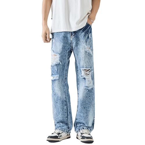 Baggy Ripped Jeans for Men Vintage Distressed Straight Leg Denim Pants Streetwear Hip Hop Style