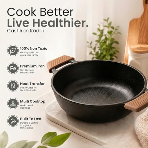 Image of HomeEssentials Pre-Seasoned Cast Iron Kadai with Silicone Grip, 24cm, 2.5-2.7L Capacity, 100% Pure Cast Iron Cookware, Naturally Non-Stick, Non-Toxic, Compatible with Gas, Ceramic & Electric Cooktops
