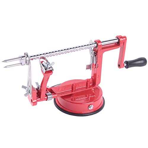 MAISON HUIS 3-in-1 Cast Apple/Potato Peeler Slicer Corer Stainless Steel Blades Red Hand-cranking Machine Durable Heavy Duty Die Cast Magnesium Alloy Peelers Slicer Fruit Vegetable Peeler for Kitchen