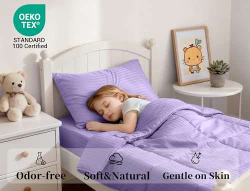 Image of ZPECC Toddler Bedding Set - 4 Piece Hypoallergenic Baby Crib Bedding Set for Boys and Girls, Includes Toddler Comforter, Flat Sheet, Fitted Sheet and Pillowcase, Purple Stripe