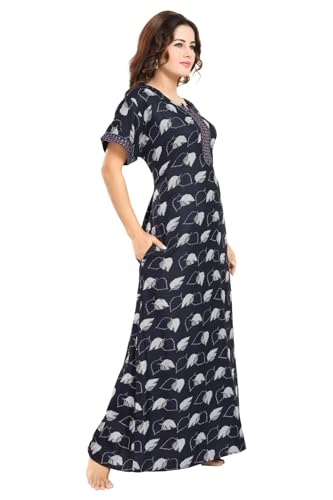Image of Fabme Women's Cotton Printed Long Maxi Night Gown Nighty Dress with Pocket & Embroidery on Neck and Sleeves