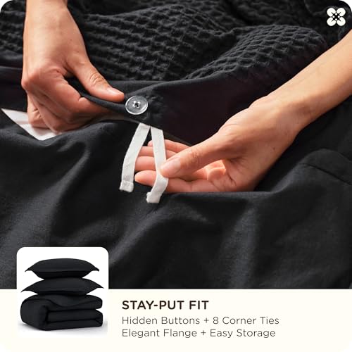 Image of Bedsure Cotton Duvet Cover Set - 100% Cotton Waffle Weave Black Duvet Cover Oversized King Size, PureWoven Breathable Bedding Set for All Season, 3 Pieces, 120 inchx98 inch