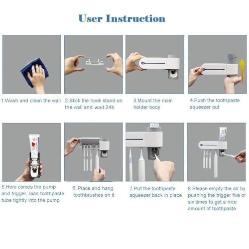 Image of JERN Plastic UV Toothbrush Holder Toothpaste Dispenser Wall Mounted Toothbrush Holder & Automatic Toothpaste Holder with 5 uv Toothbrush sanitizer Holder UV Toothbrush Cleaner Pump,White