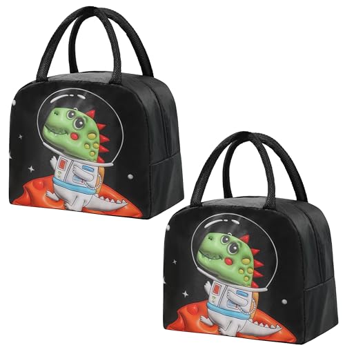 Image of Kraptick Printed Lunch Bag - Insulated Travel Tiffin Bag for Kids & Adults, Reusable Lunch Bag for Office, School Meal Organizer (Black Dinosaur) (Pack of 2)